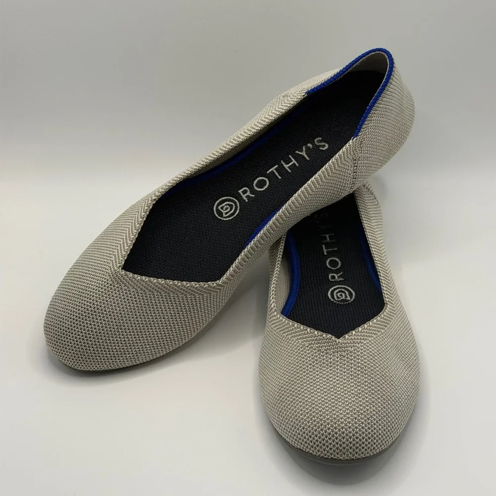 Rothys The Flat Sand Herringbone Tan Beige Knit Round Toe Ballet Flats Size 10.5